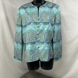 Adrianna Papell Women's Blue Paisley Silk Blazer Jacket Size 8 Teal Jacket